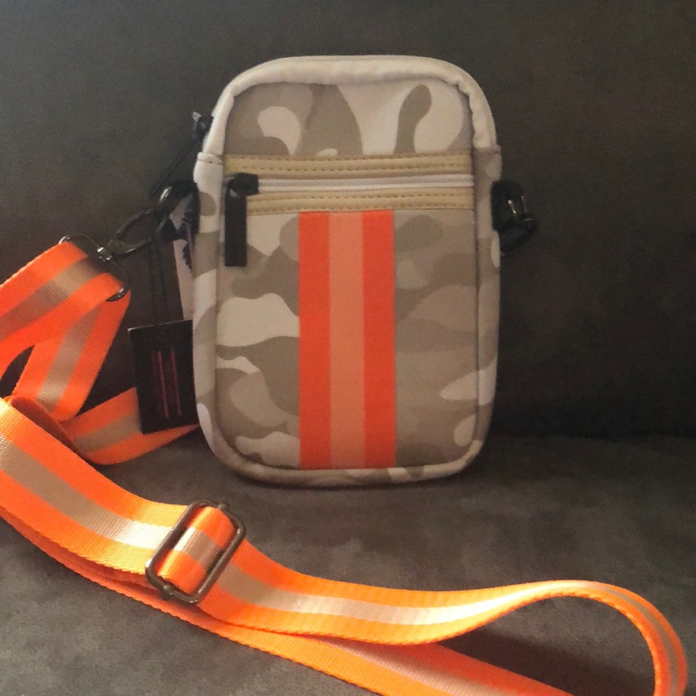 Haute Shore Casey Playa Cellphone bag. Beige camo/bright orange stripe. NWT!